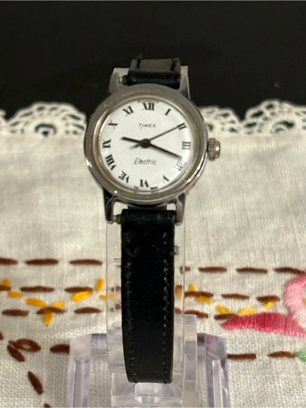 Timex Silver Case Black Leather Strap Women's Watch
